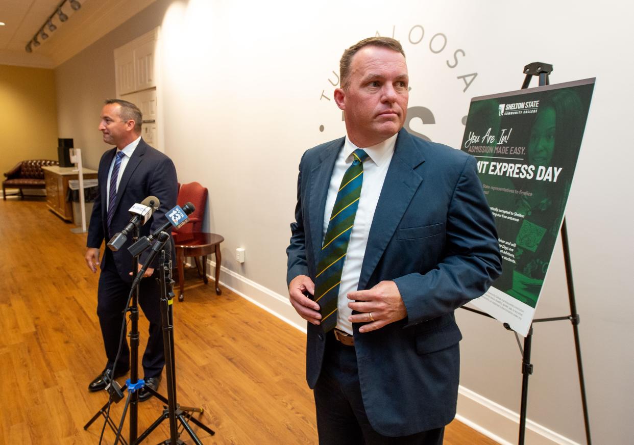 Chris Cox, president at Shelton State Community College, and Mike Daria, superintendent of Tuscaloosa City Schools,  on Monday, April 25, 2022, announce partnership guaranteeing all graduates of the Tuscaloosa City Schools will be automatically accepted to Shelton State Community College during a news conference at the Tuscaloosa City Schools Central Office. [Gary Cosby Jr./Tuscaloosa News]