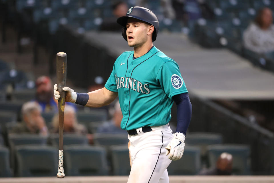 SEATTLE, WASHINGTON - MAY 28: Jarred Kelenic #10 of the Seattle Mariners reacts after striking out while looking during the fifth inning against the Texas Rangers at T-Mobile Park on May 28, 2021 in Seattle, Washington. (Photo by Abbie Parr/Getty Images)