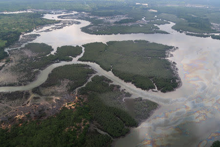 An overview of the Niger delta where signs of oil spills can be seen in the water in Port Harcourt, Nigeria August 1, 2018. REUTERS/Ron Bousso