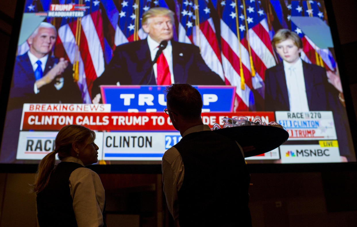 UNITED STATES - NOVEMBER 8: A stunned crowd, including the hotel staff, at the Nevada Democrats' election night watch party at the Aria Hotel &amp; Resort in Las Vegas watch as Donald Trump delivers his victory speech after being elected the 45th President of the United States on Election Day, Nov. 8, 2016. (Photo: Bill Clark via Getty Images)
