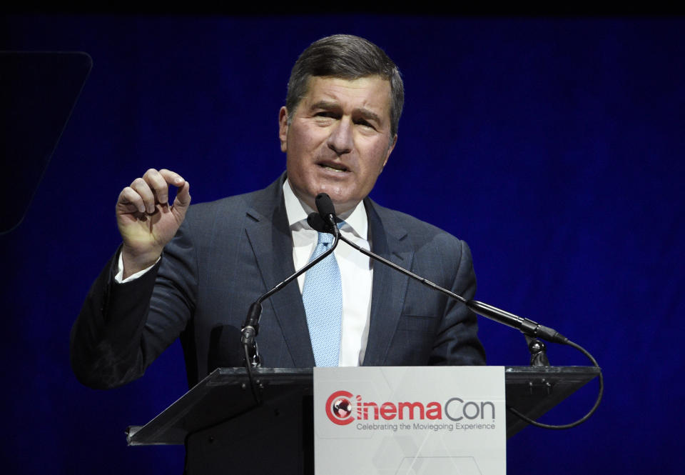 Charles Rivkin, chairman and CEO of the MPAA, addresses the audience during the "State of the Industry" presentation at CinemaCon 2019, the official convention of the National Association of Theatre Owners (NATO) at Caesars Palace, Tuesday, April 2, 2019, in Las Vegas, Nev. (Photo by Chris Pizzello/Invision/AP)