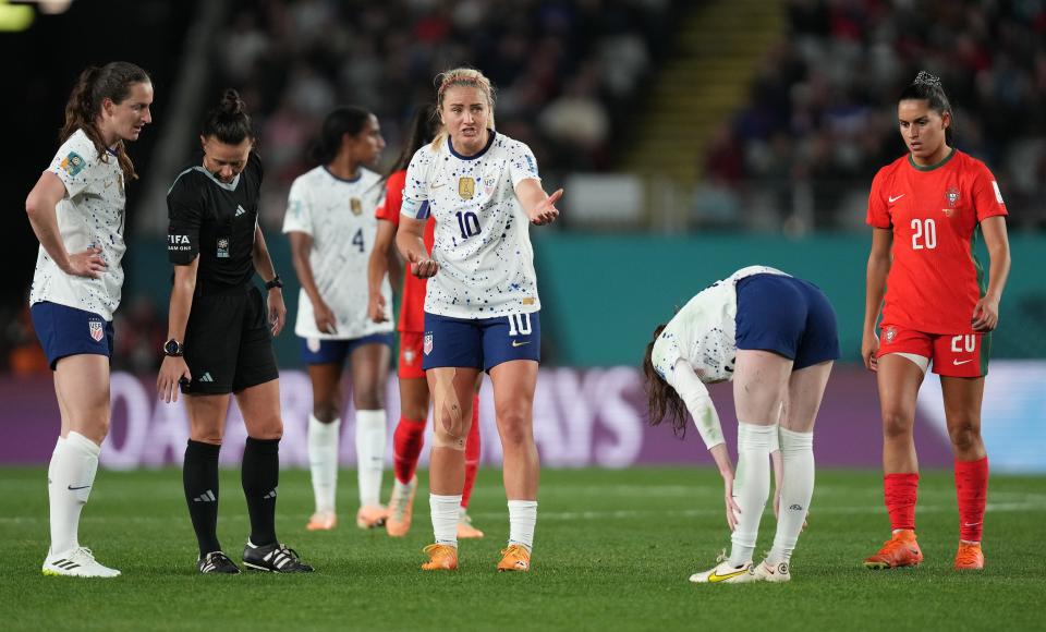 USWNT midfielder Lindsey Horan talks to official Rebecca Welch during a match against Portugal on Tuesday.