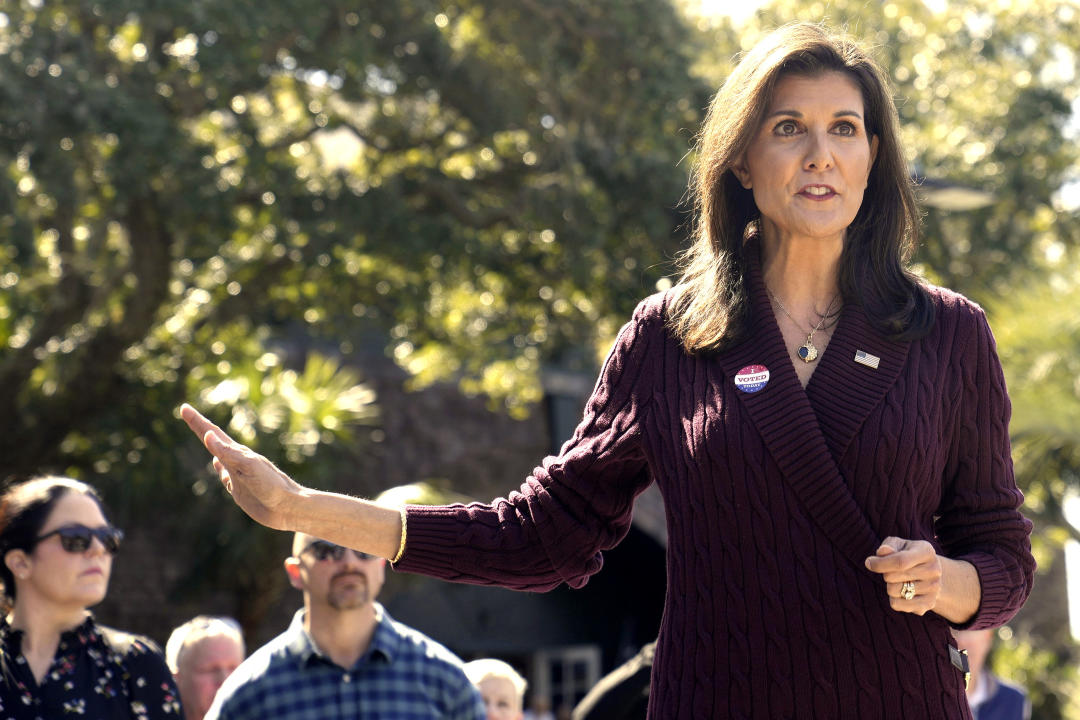 Nikki Haley talks to reporters.