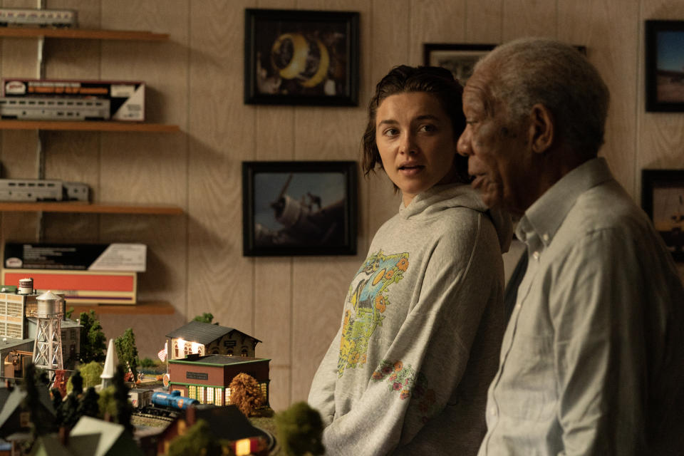 Florence Pugh (left) as Allison and Morgan Freeman (right) as Daniel in A Good Person, directed by Zach Braff. (Metro-Goldwyn-Mayer Pictures Inc.)