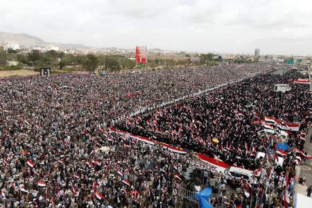 Supporters of the Houthi movement and Yemen's former president Ali Abdullah Saleh attend a joint rally to mark two years of the military intervention by the Saudi-led coalition, in Sanaa, Yemen March 26, 2017. REUTERS/Khaled Abdullah