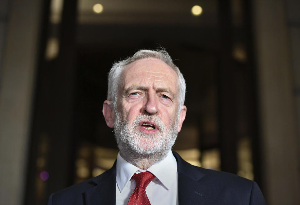 Britain's main opposition Labour Party leader Jeremy Corbyn speaks to the media, in London, Saturday Nov. 16, 2019, following a Labour Party meeting to finalise the party manifesto for their policy ahead of the upcoming General Election. Britain's Brexit is one of the main issues for voters and political parties as the UK goes to the polls in a General Election on Dec. 12. (Dominc Lipinski/PA via AP)