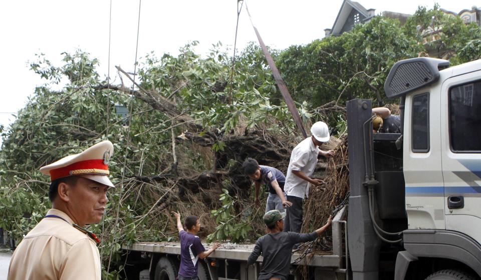 A policeman stands guard as workers remove fallen trees in the aftermath of Typhoon Haiyan in Vietnam's northern Quang Ninh province