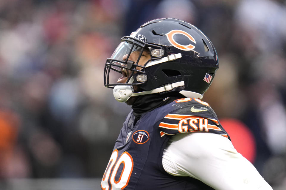 Chicago Bears defensive end Montez Sweat reacts after a defensive play during the second half of an NFL football game against the Detroit Lions Sunday, Dec. 10, 2023, in Chicago. The Bears won 28-13. (AP Photo/Erin Hooley)