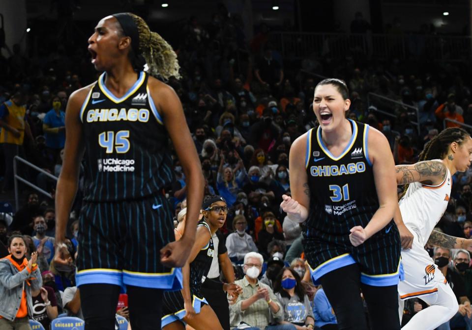 Chicago Sky center/forward Astou Ndour-Fall (45) and center Stefanie Dolson (31) during the first half of Game 3 of the 2021 WNBA Finals against the Phoenix Mercury on Oct. 15.