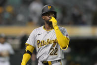 Pittsburgh Pirates' Andrew McCutchen walks to the dugout after striking out against the Oakland Athletics during the sixth inning of a baseball game in Oakland, Calif., Monday, April 29, 2024. (AP Photo/Jeff Chiu)