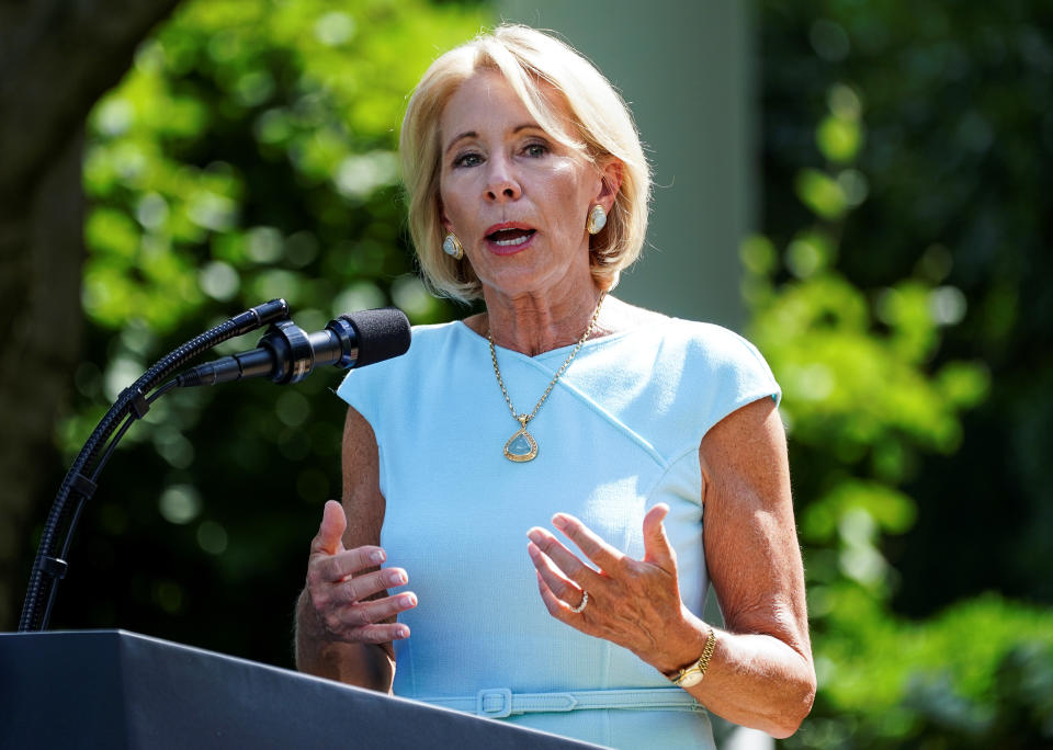 U.S. Education Secretary Betsy Devos speaks  during a signing ceremony  for the White House Hispanic Prosperity Initiative in the Rose Garden at the White House in Washington, U.S., July 9, 2020. REUTERS/Kevin Lamarque