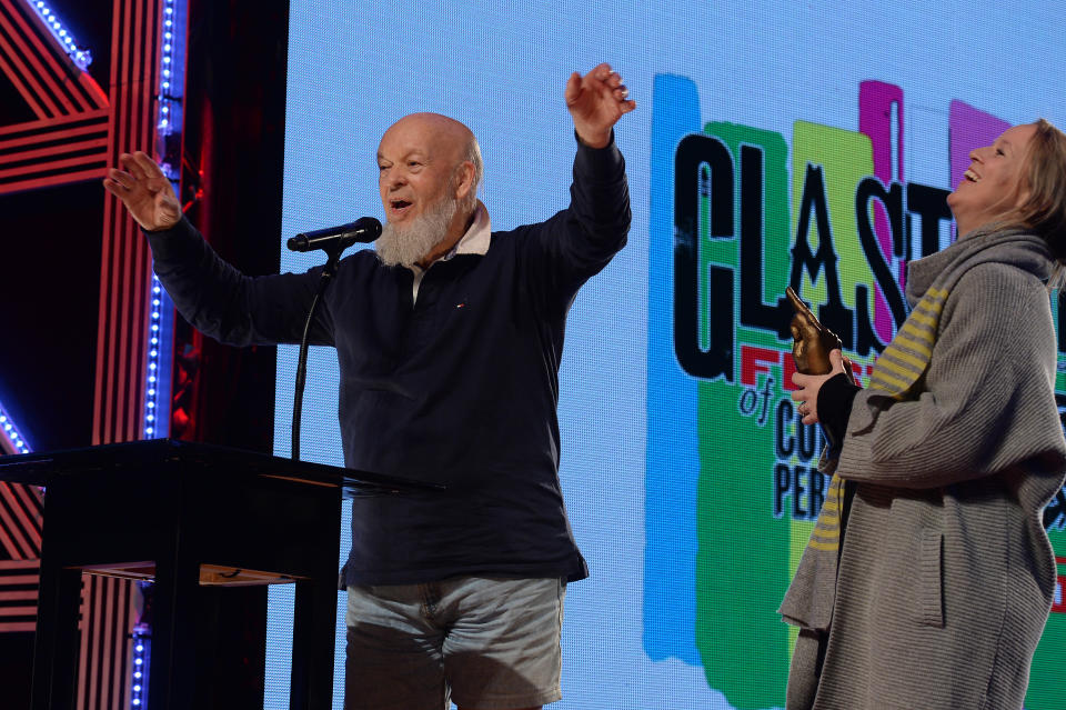 Michael Eavis and Emily Eavis collect the Best Festival Award during the NME Awards 2016 with Austin, Texas at the O2 Brixton Academy, London. 