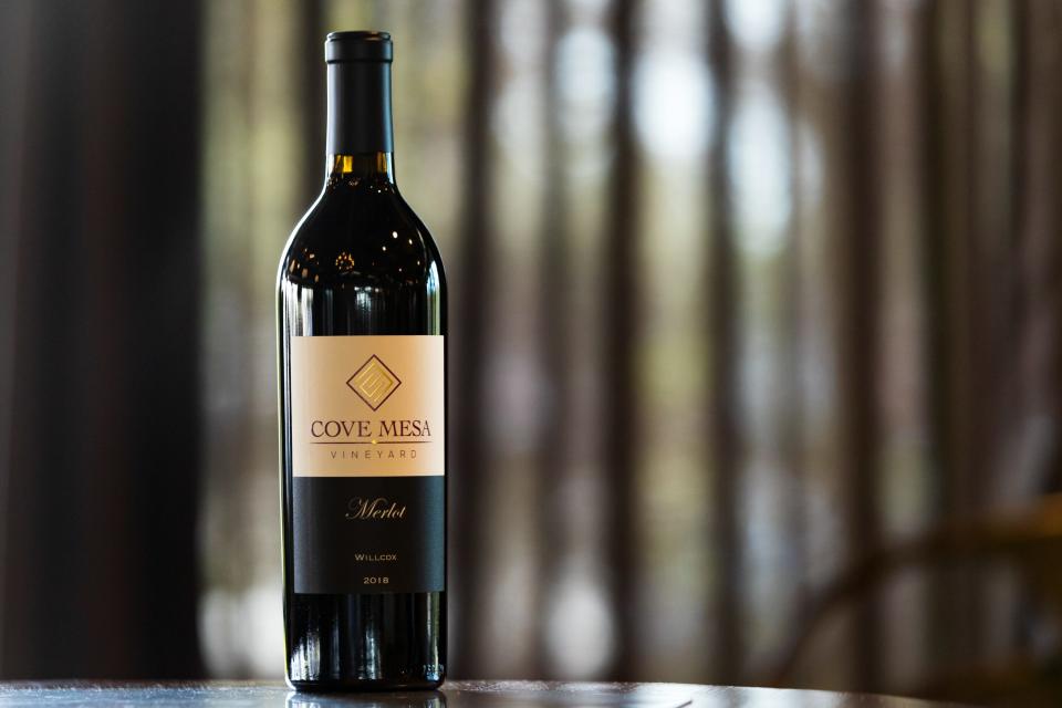 Best in show and winner in the red wine category, Cove Mesa Vineyards Merlot is seen at the azcentral Arizona Wine Competition in Phoenix on Feb. 28, 2022.