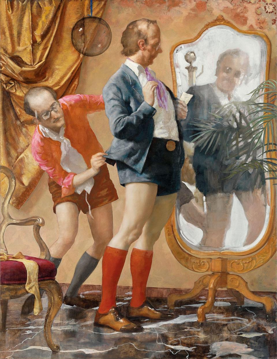 The terrific painting Hot Pants, from 2010. Oil on canvas. It was inspired by a very dated image, he said, “of these fake stupid men, clowns, following the whims of whatever.”