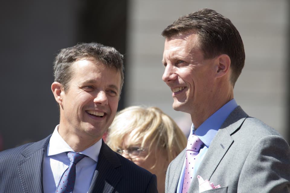 COPENHAGEN, DENMARK - JUNE 5:  Crown Prince Frederik of Denmark and Prince Joachim of Denmark at Christiansborg Palace on the occasion of The 100th Anniversary of The 1915 Danish Constitution, on June 5th, 2015 in Copenhagen, Denmark  (Photo by Julian Parker/UK Press via Getty Images)