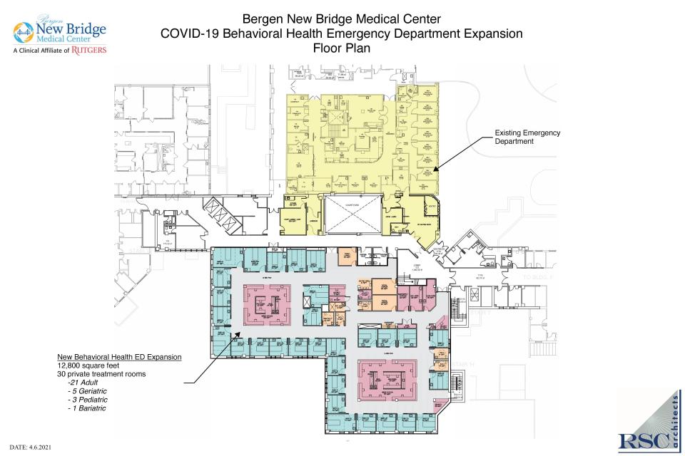 The floor plan for Bergen New Bridge Medical Center's expanded emergency department. The yellow is the current facility. The green and red area shows the expanded space.