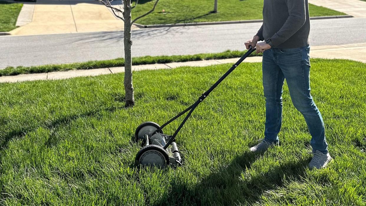 a person pushing a lawn mower