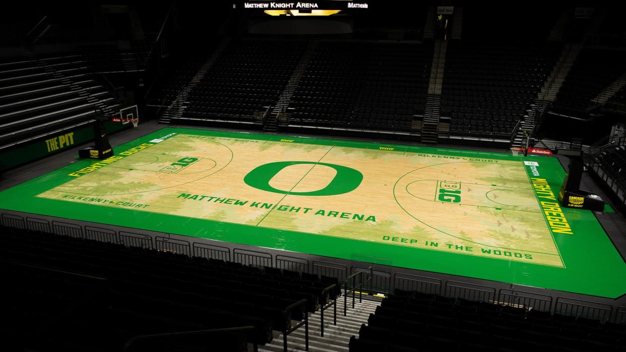 The redesigned basketball court at Matthew Knight Arena at the University Of Oregon.