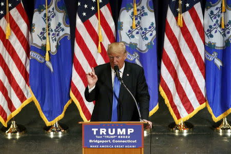 Republican U.S. presidential candidate Donald Trump speaks during a campaign rally at The Klein Memorial Auditorium in Bridgeport, Connecticut, U.S., April 23, 2016. REUTERS/Andrew Kelly