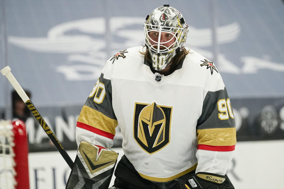 FILE - In this Friday, April 16, 2021, file photo, Vegas Golden Knights goaltender Robin Lehner (90) skates during an NHL hockey game against the Anaheim Ducks in Anaheim, Calif. Vegas goaltender Robin Lehner's messages about mental health have brought the topic to the forefront among hockey players before the Stanley Cup Final gets underway. An expert with experience in mental health with athletes says hockey is lagging behind other sports in making it a priority for players, coaches and staff.(AP Photo/Ashley Landis, File)