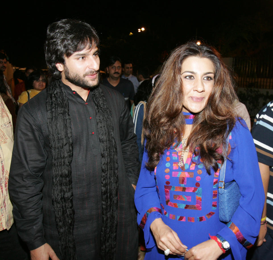 MUMBAI, INDIA - NOVEMBER 18, 2005: Bollywood actor Saif Ali Khan with Amrita Singh. (Photo by Hindustan Times via Getty Images)