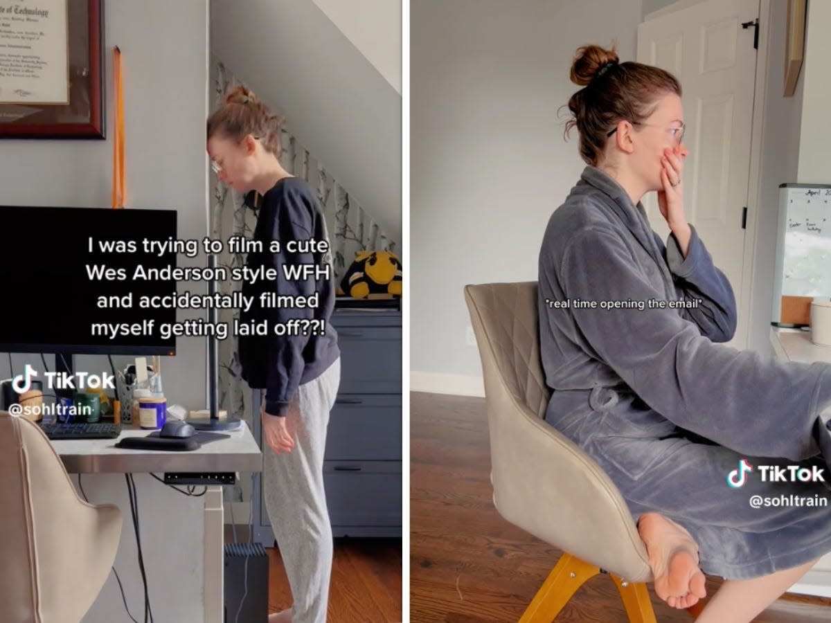 a composite image of screenshots from @sohltrain's WFH video -- one of her standing with her forehead against the wall, and another with her hand over her mouth as she looks at her computer screen