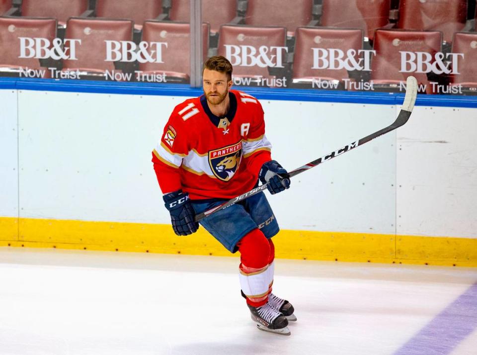 Florida Panthers left wing Jonathan Huberdeau (11) skates during warmups before the start of the first training camp scrimmage in preparation for the 2021 NHL season at the BB&T Center on Thursday, January 7, 2021 in Sunrise.