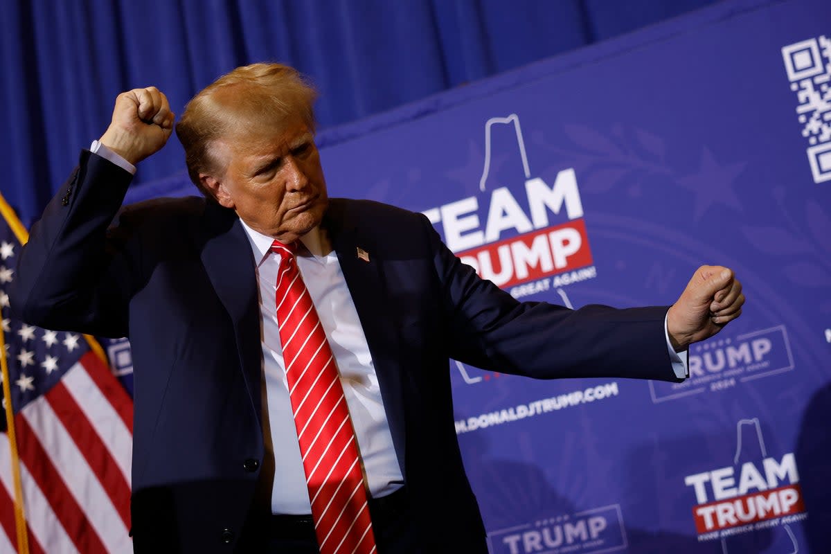 Donald Trump getting his filthy groove on at a rally in Concord, New Hampshire, in January (Getty)