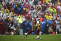 San Francisco 49ers quarterback Jimmy Garoppolo walks off the field after not being able to convert for a first down in the first half of an NFL football game against the Washington Redskins, Sunday, Oct. 20, 2019, in Landover, Md. (AP Photo/Alex Brandon)