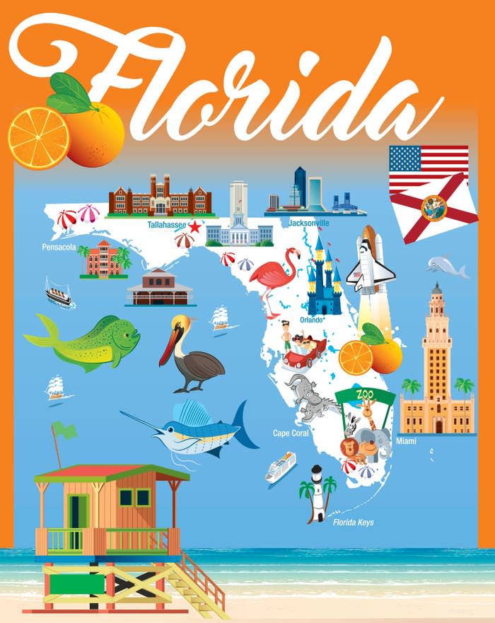 illlustrated graphic of a florida map and the things it's known for like the beach, fish, oranges and more