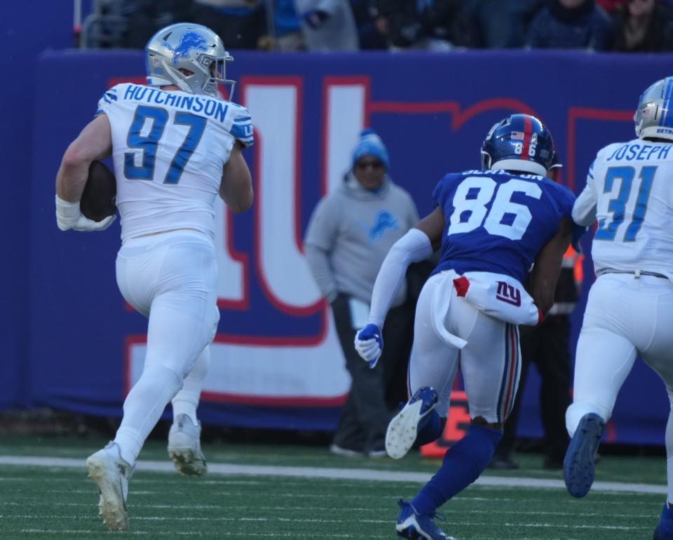 Rookie Lions edge rusher Aidan Hutchinson intercepted a pass against the Giants, his second of the season.