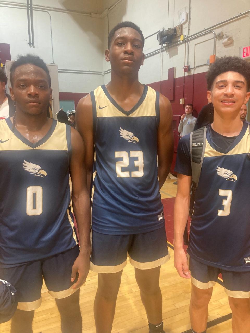 From left: Senior Stone Bureau, sophomore Collin Paul and freshman Cayden Daughtry after a victory over Lake Worth basketball on Jan. 12, 2024 in the Martin Luther King Jr. Challenge.