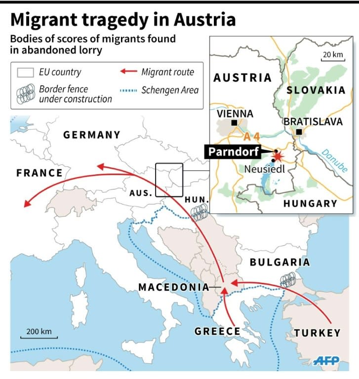 Map of western Europe showing location in Austria where a lorry filled with the bodies of dead migrants was disovered, and the Western Balkans migrant route