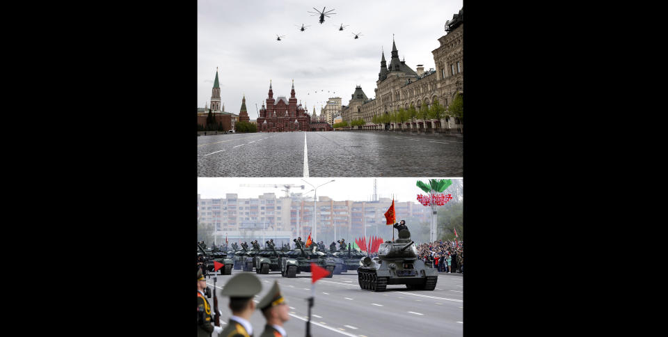 In this two photo combination, top photo showing Russian military helicopters fly over over almost empty Red Square to mark the 75th anniversary of the Nazi defeat in World War II in Moscow, Russia, Saturday, May 9, 2020, and bottom photo showing a column of Belarus Army tanks in motion during the Victory Day military parade marking the 75th anniversary of the allied victory over Nazi Germany, in Minsk, Belarus, Saturday, May 9, 2020. Russian President Vladimir Putin has marked Victory Day, the anniversary of the defeat of Nazi Germany in World War II, in a ceremony shorn of its usual military parade and pomp by the coronavirus pandemic. In neighboring Belarus, however, the ceremonies went ahead in full, with tens of thousands of people in the sort of proximity that has been almost unseen in the world for months. (AP Photo)