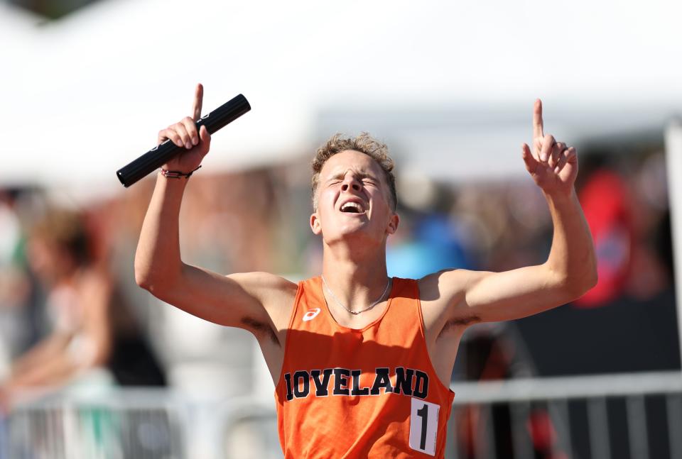 Loveland senior Ryan Chevalier reacts after his team won the boys 4-x-800 relay at the OHSAA state track meet at Jesse Owens Memorial Stadium, Friday, June 3, 2022.