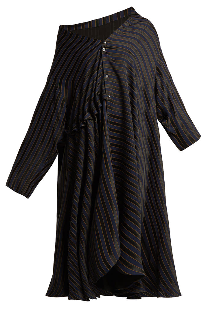 Off-the-shoulder done the fashion way. <em>Palmer//Harding Jasmine asymmetric jacquard dress, $664 at <a href="https://www.matchesfashion.com/products/Palmer-harding-Jasmine-asymmetric-striped-jacquard-shirtdress-1231922" rel="nofollow noopener" target="_blank" data-ylk="slk:Matches Fashion;elm:context_link;itc:0;sec:content-canvas" class="link ">Matches Fashion</a></em>