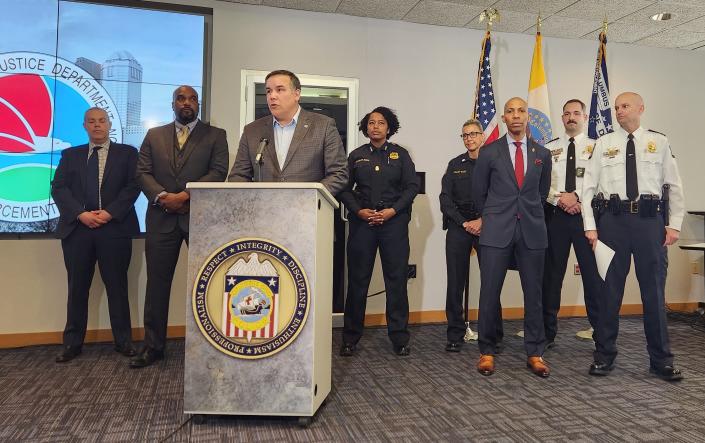 Columbus Mayor Andrew Ginther addresses the media Tuesday during a press conference with local and federal law enforcement as they detailed the results of Operation Overdrive, which targeted high-crime areas around the country.