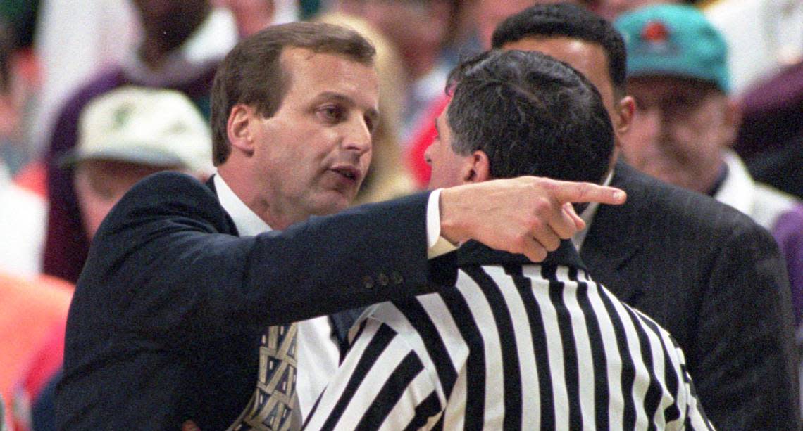 Clemson coach Rick Barnes (left) argues with an official during the Tigers’ loss to North Carolina in the 1995 ACC Tournament.