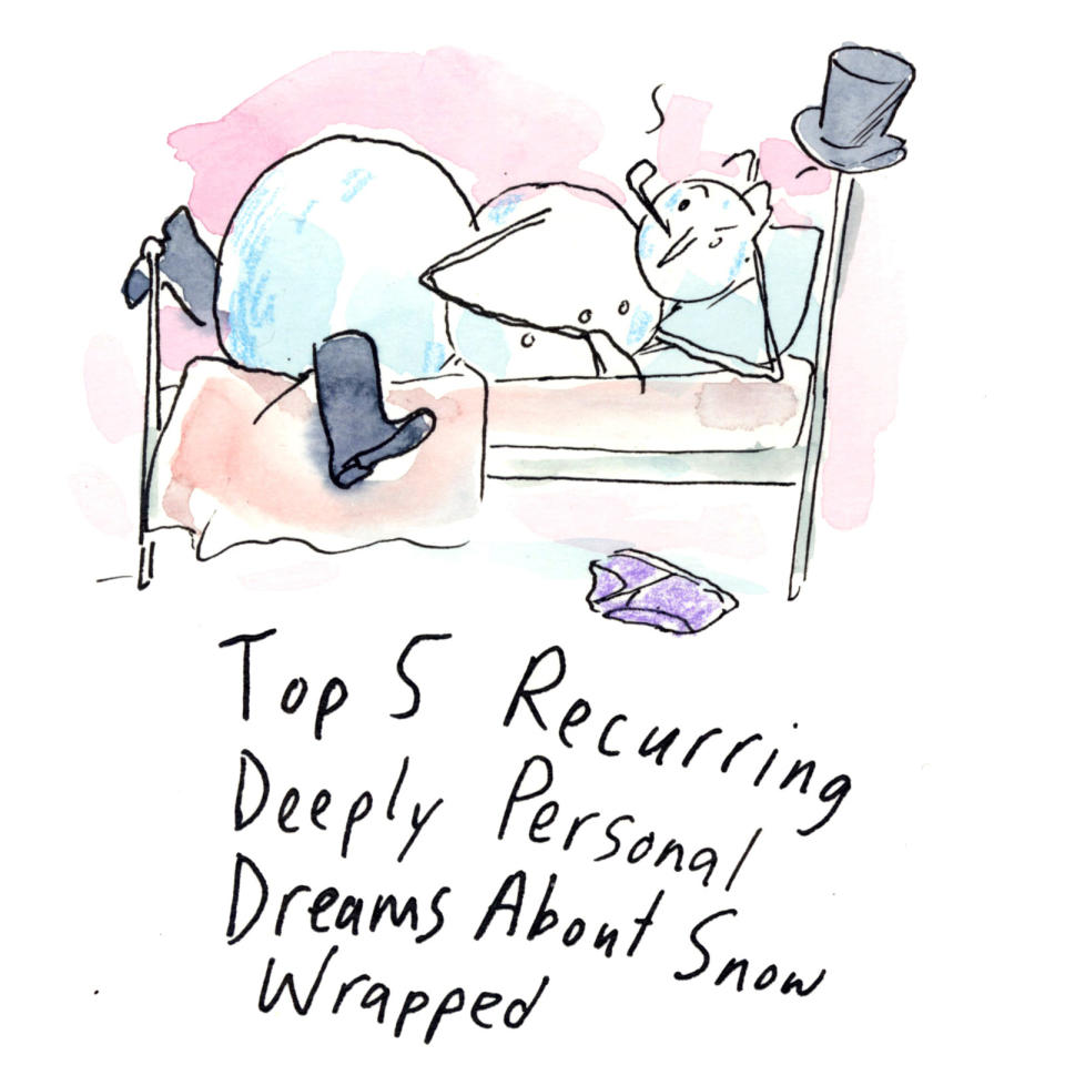 an image of a seductive snowman in bed that reads "top 5 recurring deeply personal dreams about snow wrapped"