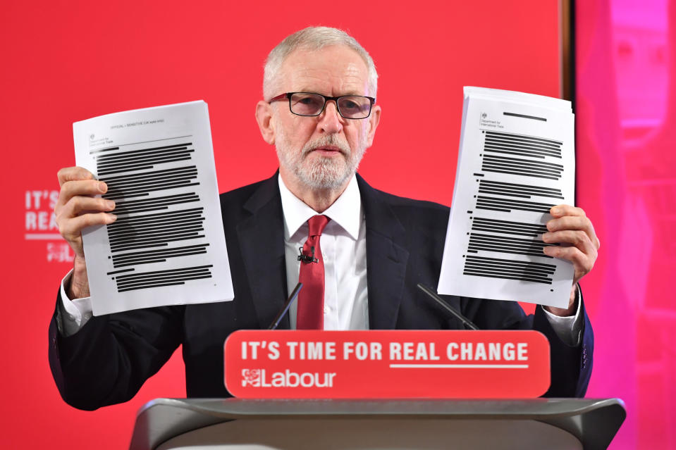 Labour leader Jeremy Corbyn holds a redacted copy of the Department for International Trade's UK-US Trade and Investment Working Group readout as he delivers a speech about the NHS, in Westminster, London.