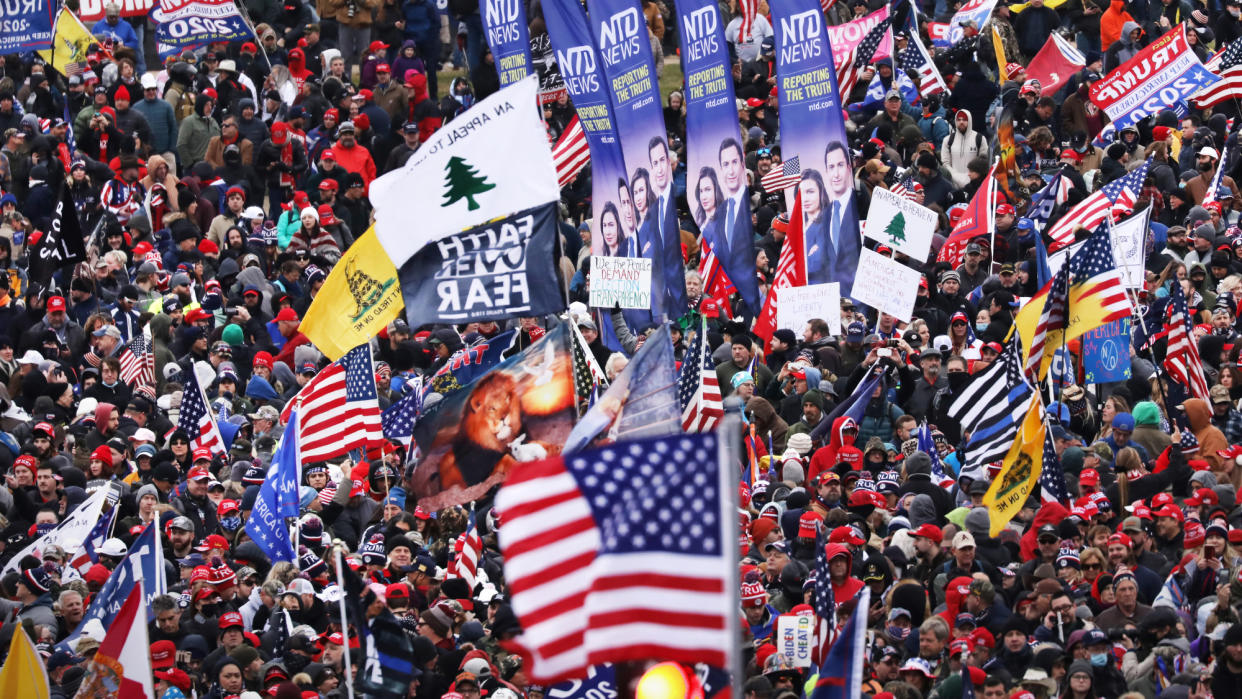  "Appeal to Heaven" flag flying amid U.S. and Trump flags at U.S. Capitol on Jan. 6, 2021. 