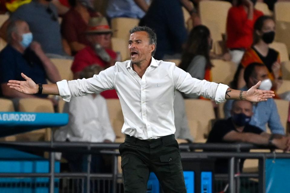 Spain manager Luis Enrique reacts during his side’s goalless draw (AP)