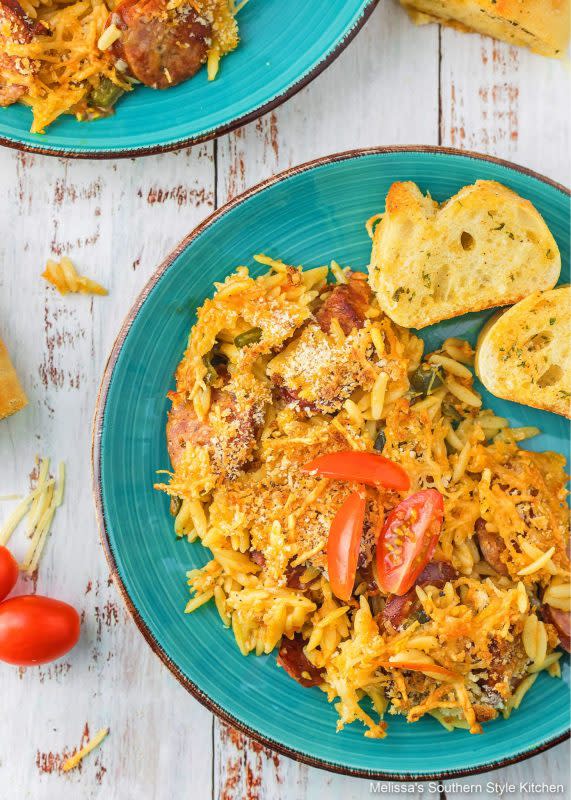 <p>Mellisa's Southern Style Kitchen</p><p>This flavorful orzo with sausage is a versatile dish that can serve double duty as either an entree or a side dish. It’s simple to put together and makes a scrumptious busy day meal option.</p><p><strong>Get the recipe: </strong><a href="https://www.melissassouthernstylekitchen.com/cajun-orzo-with-andouille-sausage/?fbclid=IwAR2BlRyL5-zBKnmdzmN7YsPX_rpHwpICWcflruRHpemFhbM-gMOczW9EbbU" rel="nofollow noopener" target="_blank" data-ylk="slk:Cajun Orzo with Andouille Sausage;elm:context_link;itc:0;sec:content-canvas" class="link "><strong>Cajun Orzo with Andouille Sausage</strong></a></p>