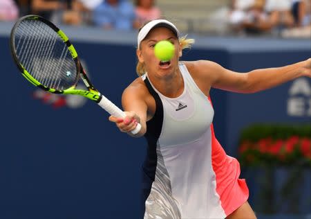 Sept 4, 2016; New York, NY, USA; Caroline Wozniacki of Denmark hits to Madison Keys of the USA (not pictured) on day seven of the 2016 U.S. Open tennis tournament at USTA Billie Jean King National Tennis Center. Mandatory Credit: Robert Deutsch-USA TODAY Sports