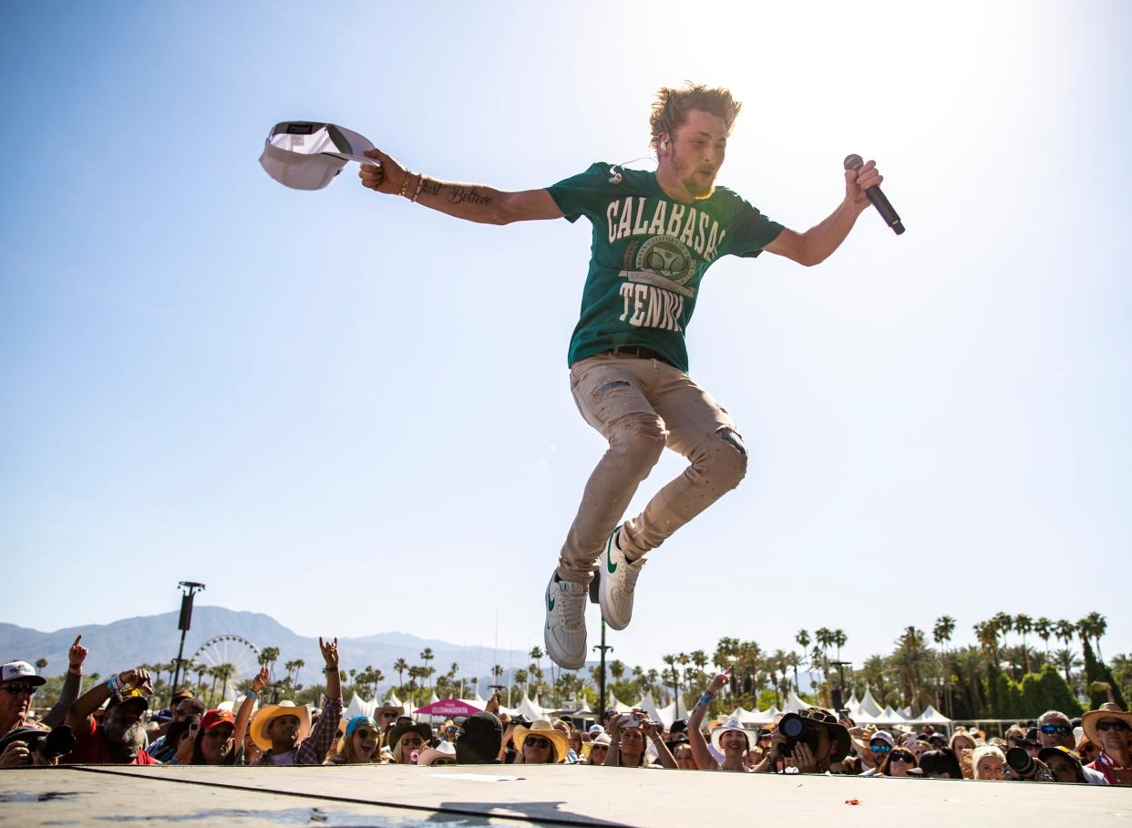 Bailey Zimmerman jumps up and down during his set on the Mane stage during Stagecoach country music festival at the Empire Polo Club in Indio, Calif., Sunday, April 30, 2023. 