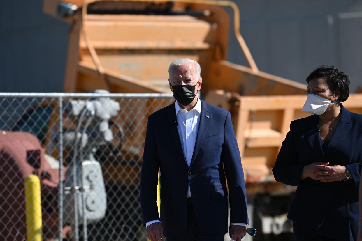 President Biden and New Orleans Mayor LaToya Cantrell tour the Carrollton water treatment plant in New Orleans. (Brendan Smialowski/AFP via Getty Images)