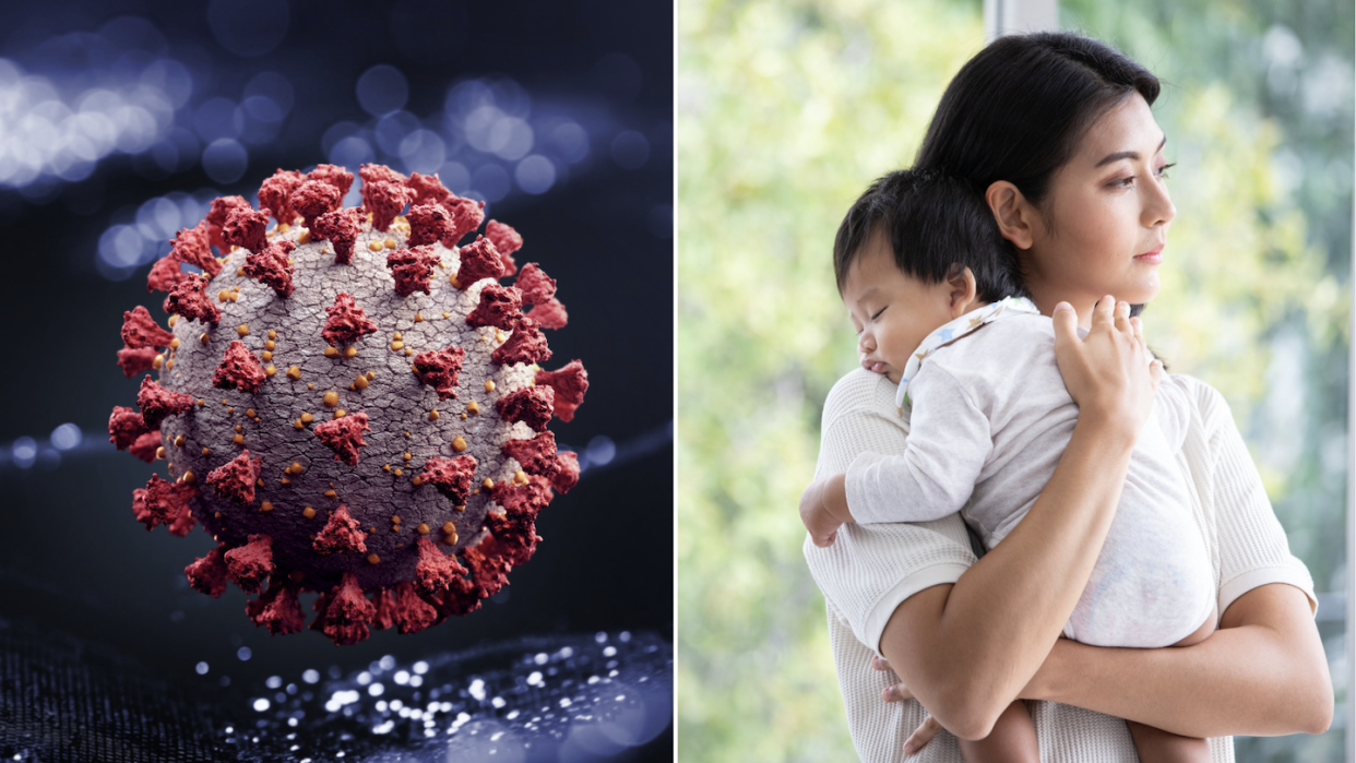 Coronavirus (left) and mother with newborn child (Photos: Getty Images)