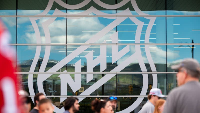 Fans line up outside to celebrate Utah’s new NHL team at the Delta Center in Salt Lake City on Wednesday, April 24, 2024.