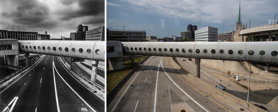 LEFT: View of the pedestrian tube above the Lodge Freeway from Detroit People Mover in downtown Detroit in the 1980s. RIGHT: View from Wednesday, Sept. 20, 2023.