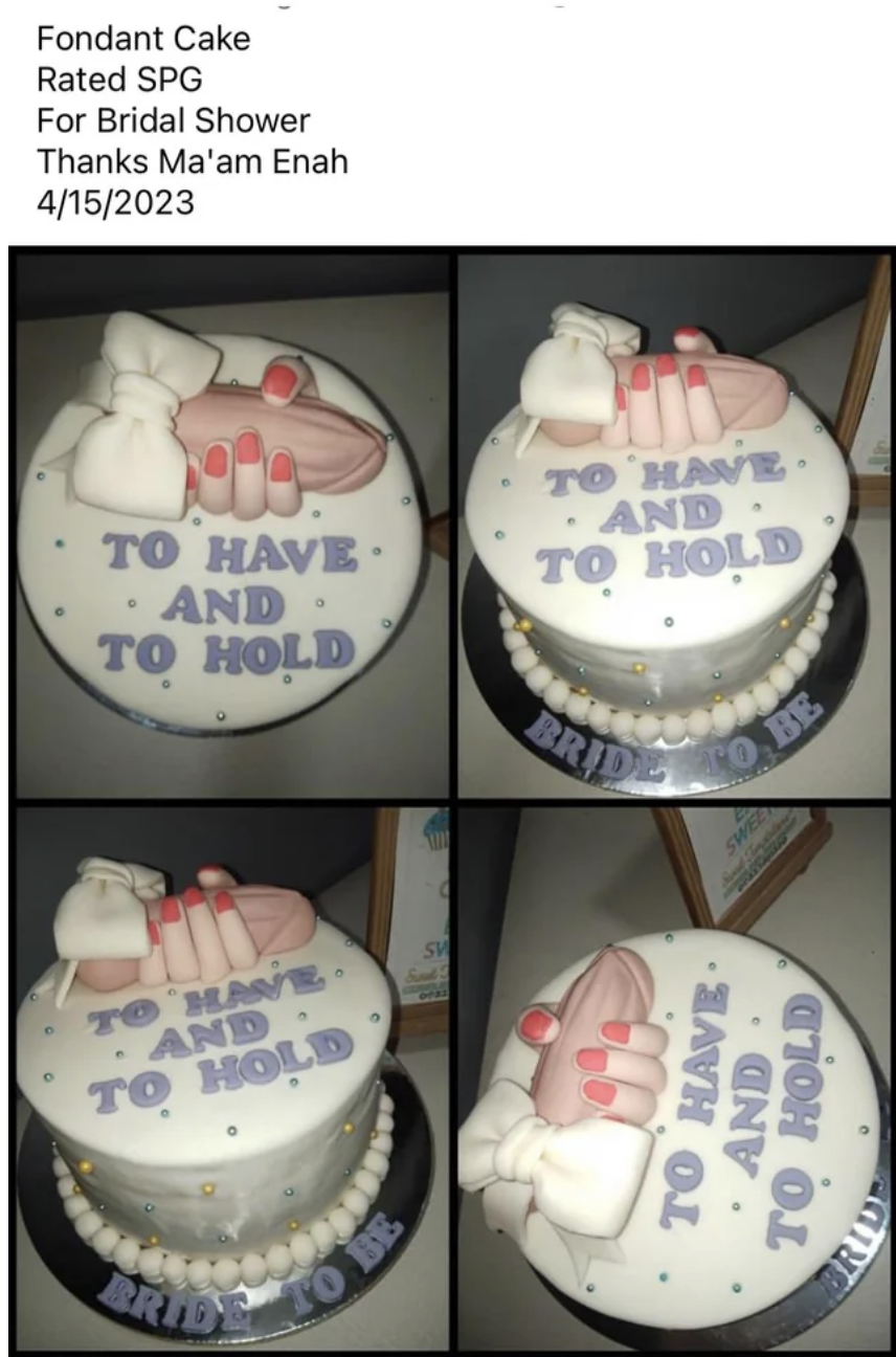 A cake where a hand is holding a penis